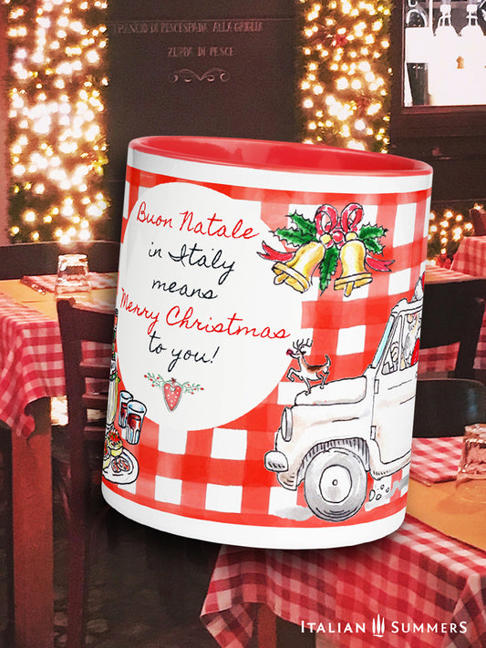 Mug Babbo Natale’s vintage Fiat 500 is loaded up with Christmas presents! Plus, it’s all on a checkered tablecloth-style background for that extra-authentic Italian trattoria experience. Santa is comin’ to town, and he’s bringing a taste of Italy with him! Buon Natale! Made by Italian Summers