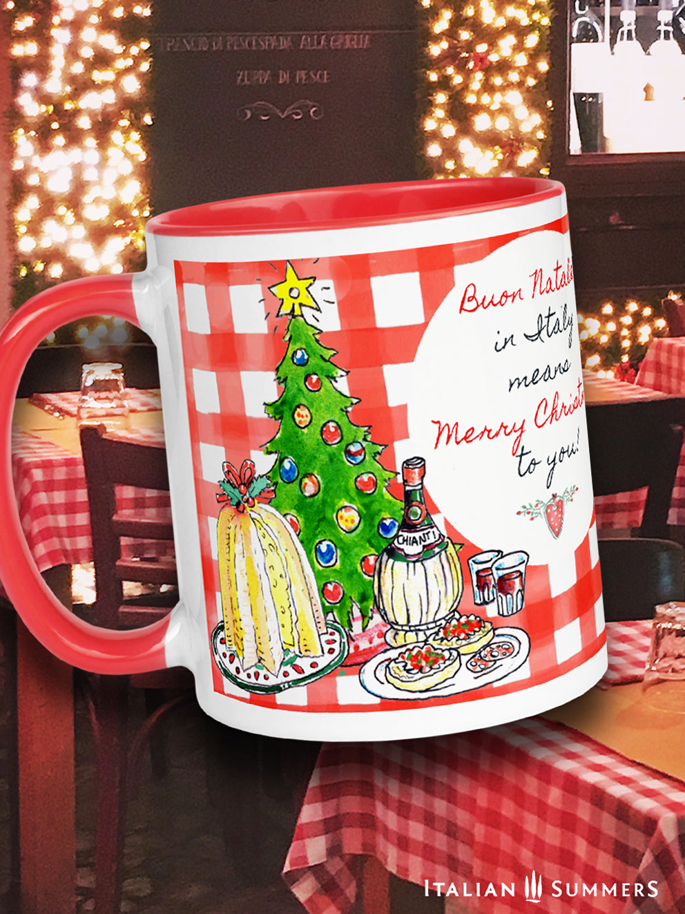Mug Babbo Natale’s vintage Fiat 500 is loaded up with Christmas presents! Plus, it’s all on a checkered tablecloth-style background for that extra-authentic Italian trattoria experience. Santa is comin’ to town, and he’s bringing a taste of Italy with him! Buon Natale! Made by Italian Summers