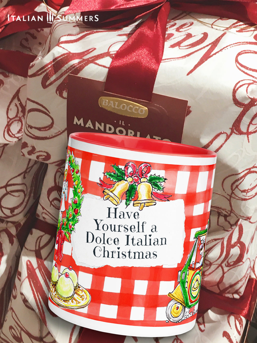 Italy Chirstmas mug Pane e Dolci with a sketch of the local Italian baker, driving his funny car with the text PANE & DOLCE, and on the top he has the biggest panettone. Ther are italian dolce on the mug and the text "have yourself a Dolce Italian Christmas" made by Italian Summers
