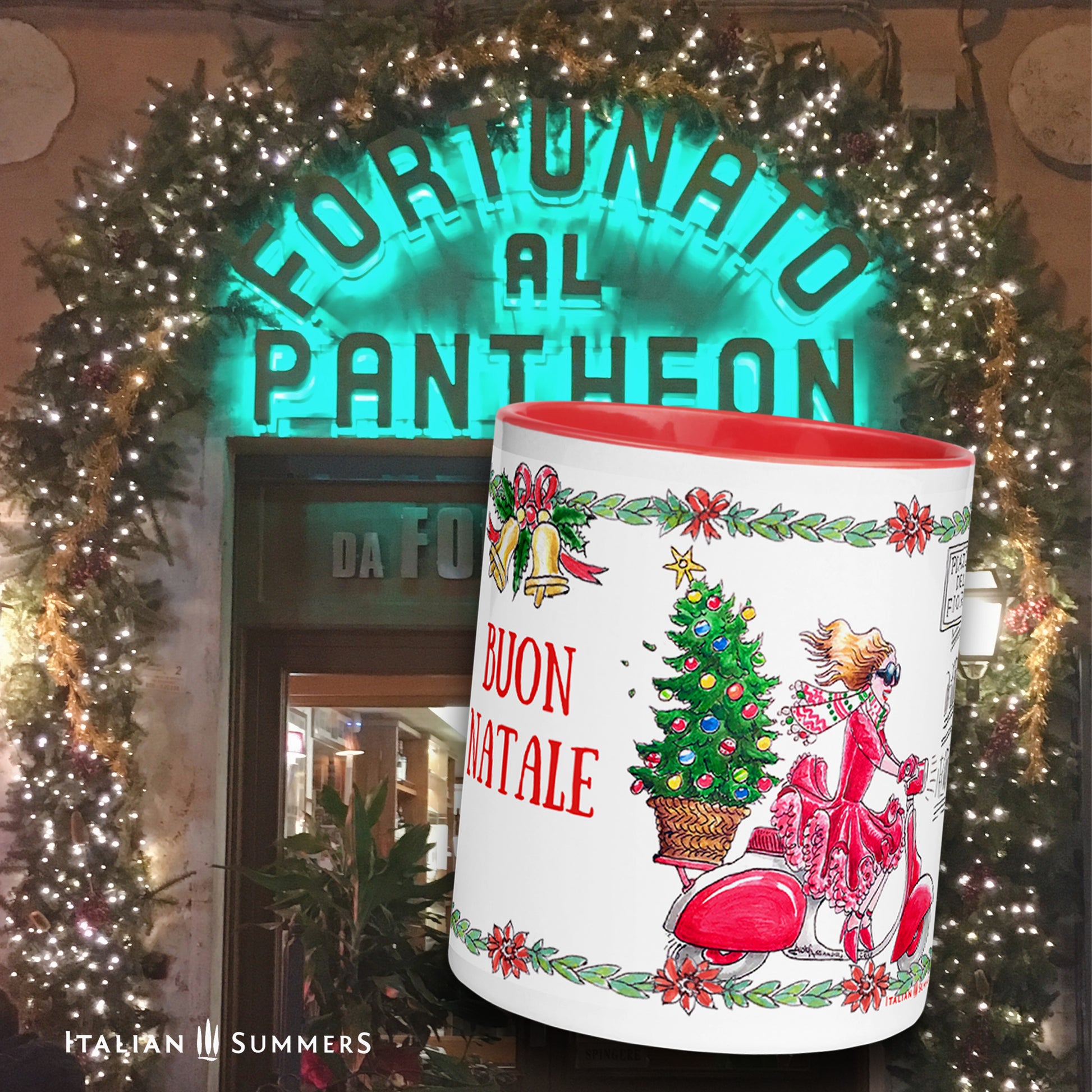 This Christmas mug ROMA is like a magical portal to the Italian holiday tradition! Imagine warmly wrapped in a cozy Italian village, sipping vino while a smiling Italian lady gesticulates towards the Colosseum. With all the features like the Vespa, Italian street sign, and Christmas tree, Buon Natale indeed! Made by Italian Summers Copyright Italian Summers