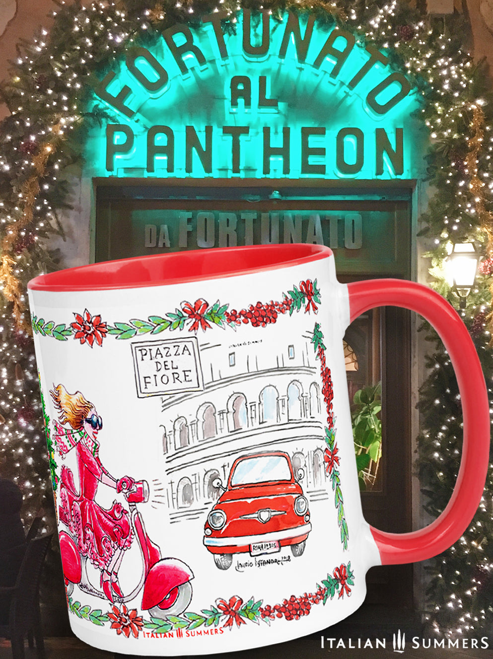 This Christmas mug ROMA is like a magical portal to the Italian holiday tradition! Imagine warmly wrapped in a cozy Italian village, sipping vino while a smiling Italian lady gesticulates towards the Colosseum. With all the features like the Vespa, Italian street sign, and Christmas tree, Buon Natale indeed! Made by Italian Summers Copyright Italian Summers