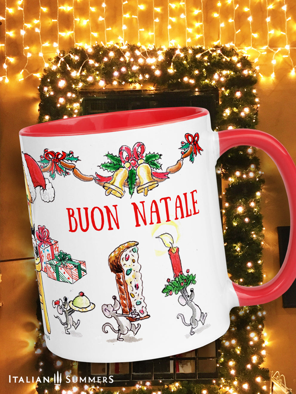 This Italian Christmas mug is a sight to see! Deck the halls with mugs and joy... this one comes complete with sketches of a sleeping cat plus three mice, merrily walking away with goodies from the table. It's sure to bring a smile to your face this holiday season!
