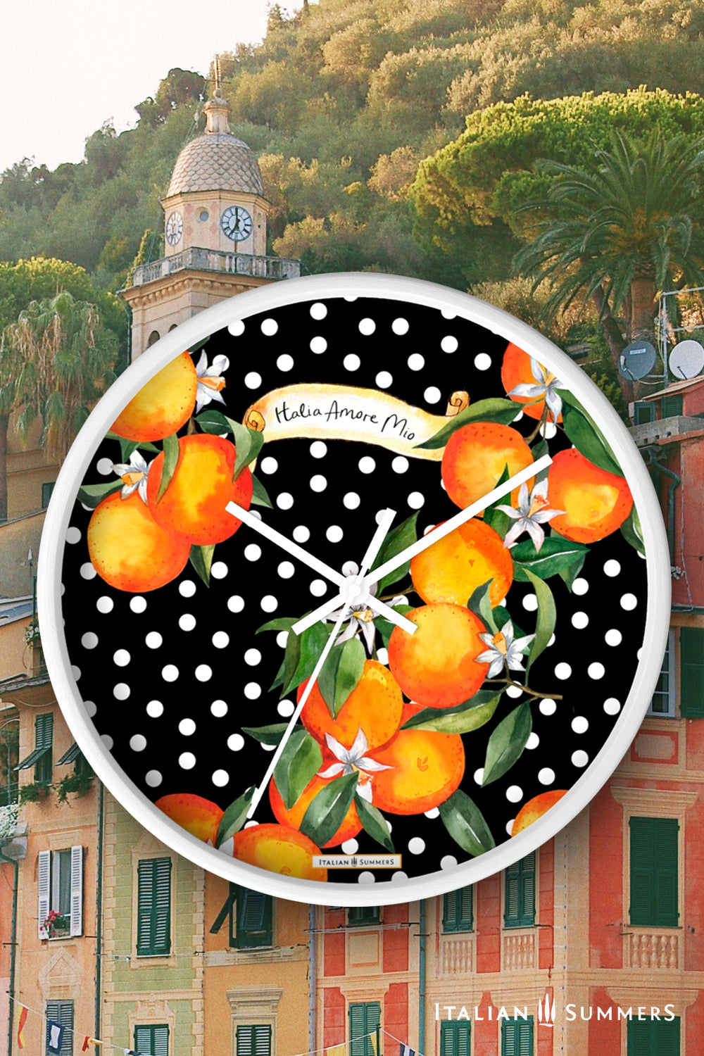 Wall clock  SICILIAN GARDEN  bursts with color, from the happy white polka dots to the lively orange blossoms. The timeless phrase 'Italia Amore Mio' adds a meaningful touch of love. Designed and sold by Italian Summers