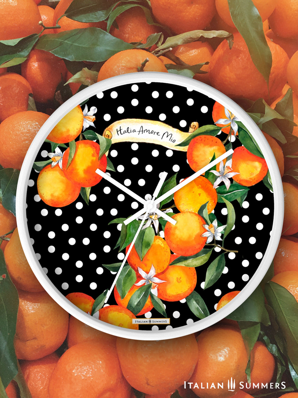 Wall clock SICILIAN GARDEN bursts with color, from the happy white polka dots to the lively orange blossoms. The timeless phrase 'Italia Amore Mio' adds a meaningful touch of love. Designed and sold by Italian Summers