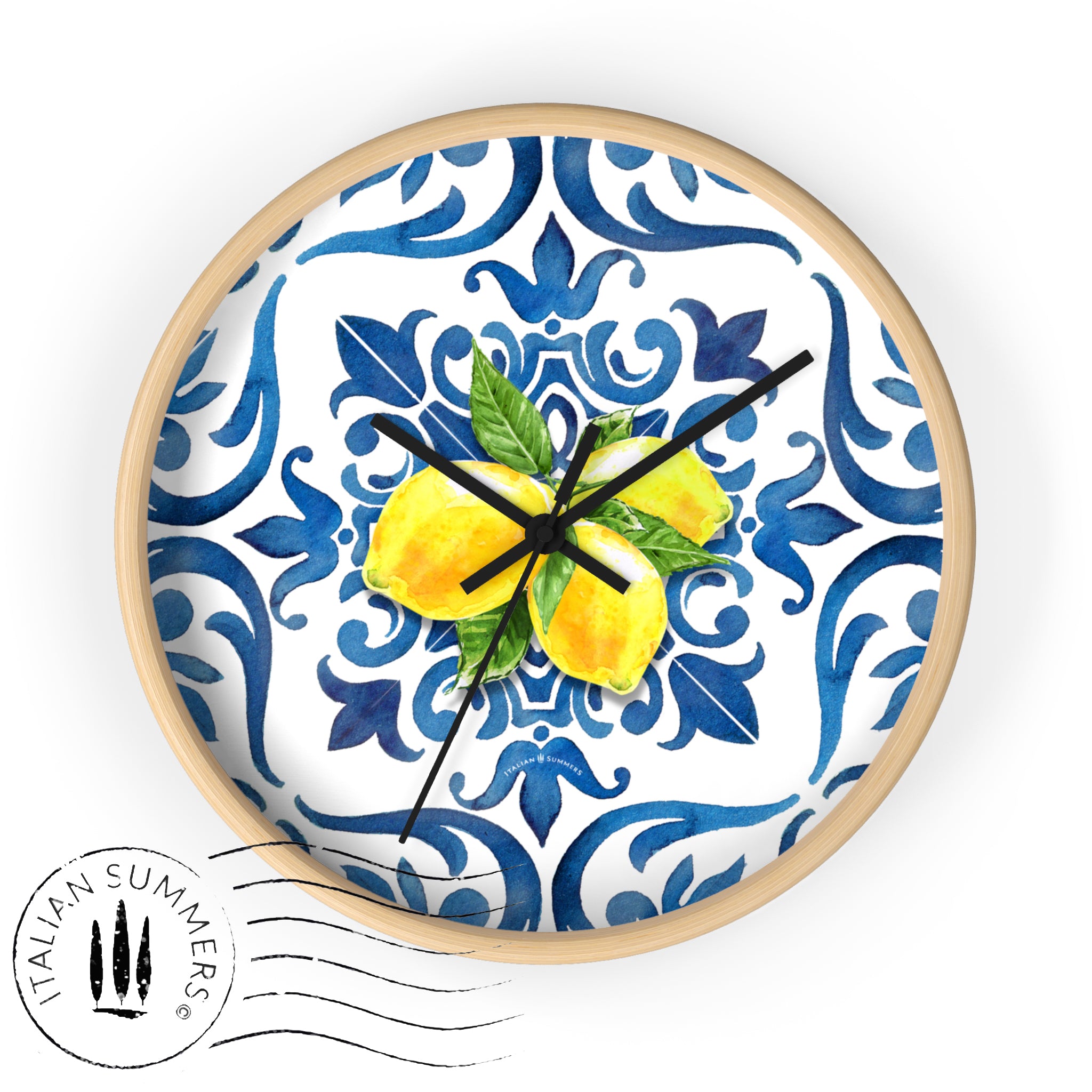 Clock blue tiles and lemons, Italy wall clock, Amalfi Coast clock, Ita