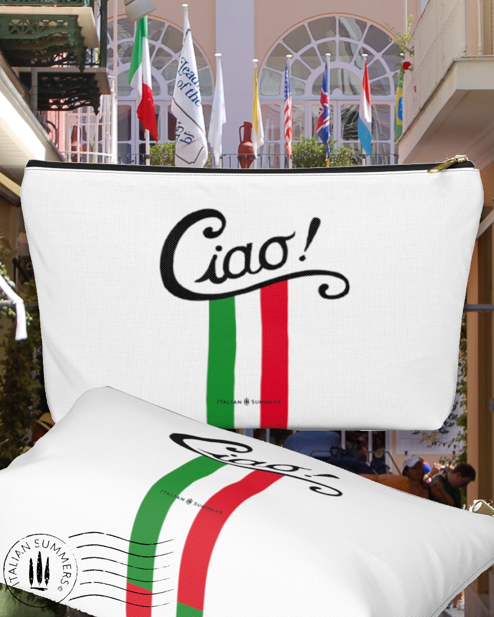 The Clutch CIAO ITALIA is a fun and stylish way to add a dash of Italian charm to any look! Crafted with vibrant stripes in the colors of the Italian flag, it's sure to spread some amore everywhere you go! And with the word "Ciao!" across the front