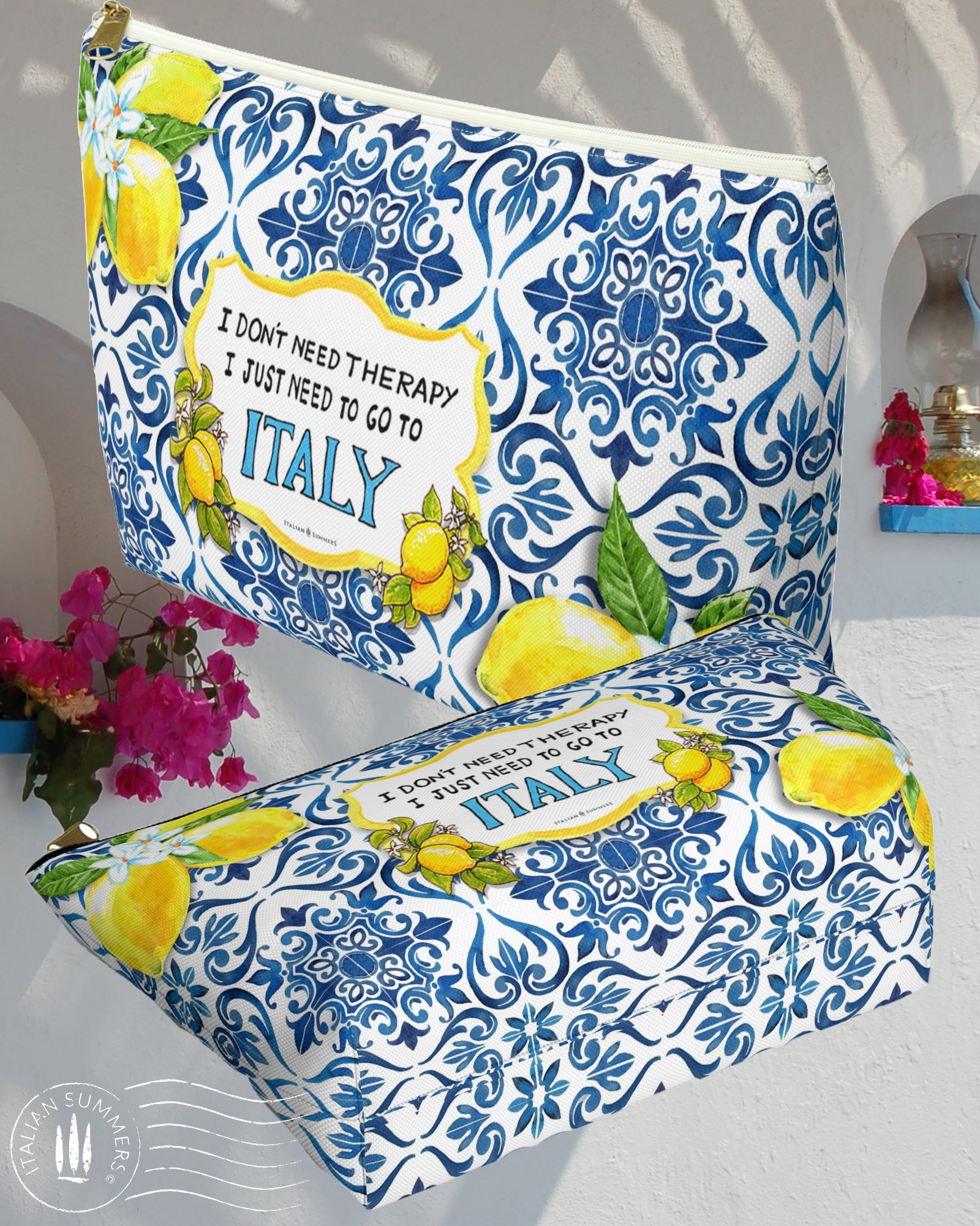 Italy inspired vibrant clutch representing bright blue Italian maiolica tiles and Amalfi Coast lemons and the quote "I don't need therapy, I just need to go to Italy"Made by Italian Summers