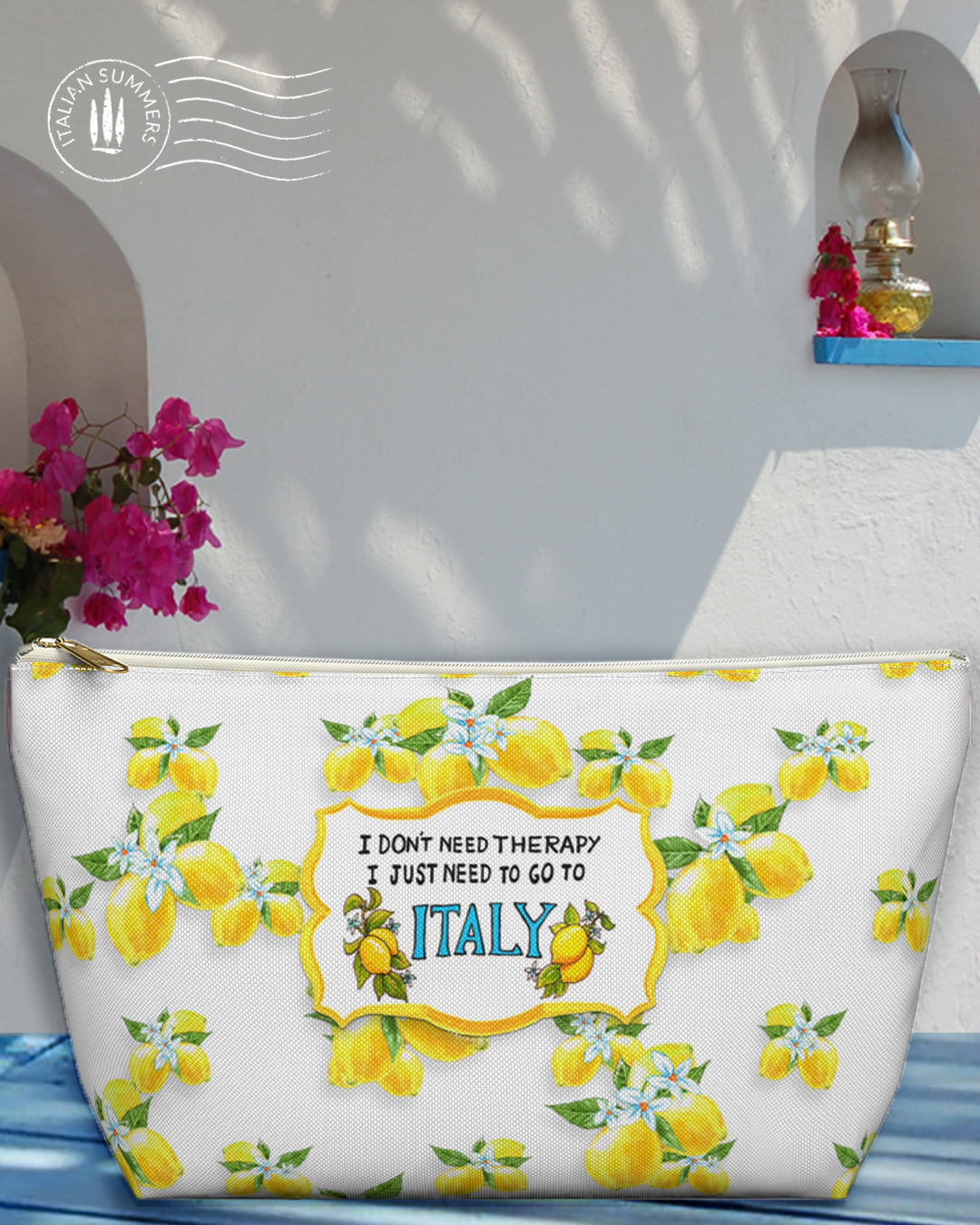 Clutch THERAPY-LEMON Pattern! This one-of-a-kind Italian-inspired clutch features a fun, sun-drenched lemon pattern that stands out, plus the delightful quote "I don't need therapy, I just need to go to Italy" by Italian Summers. 