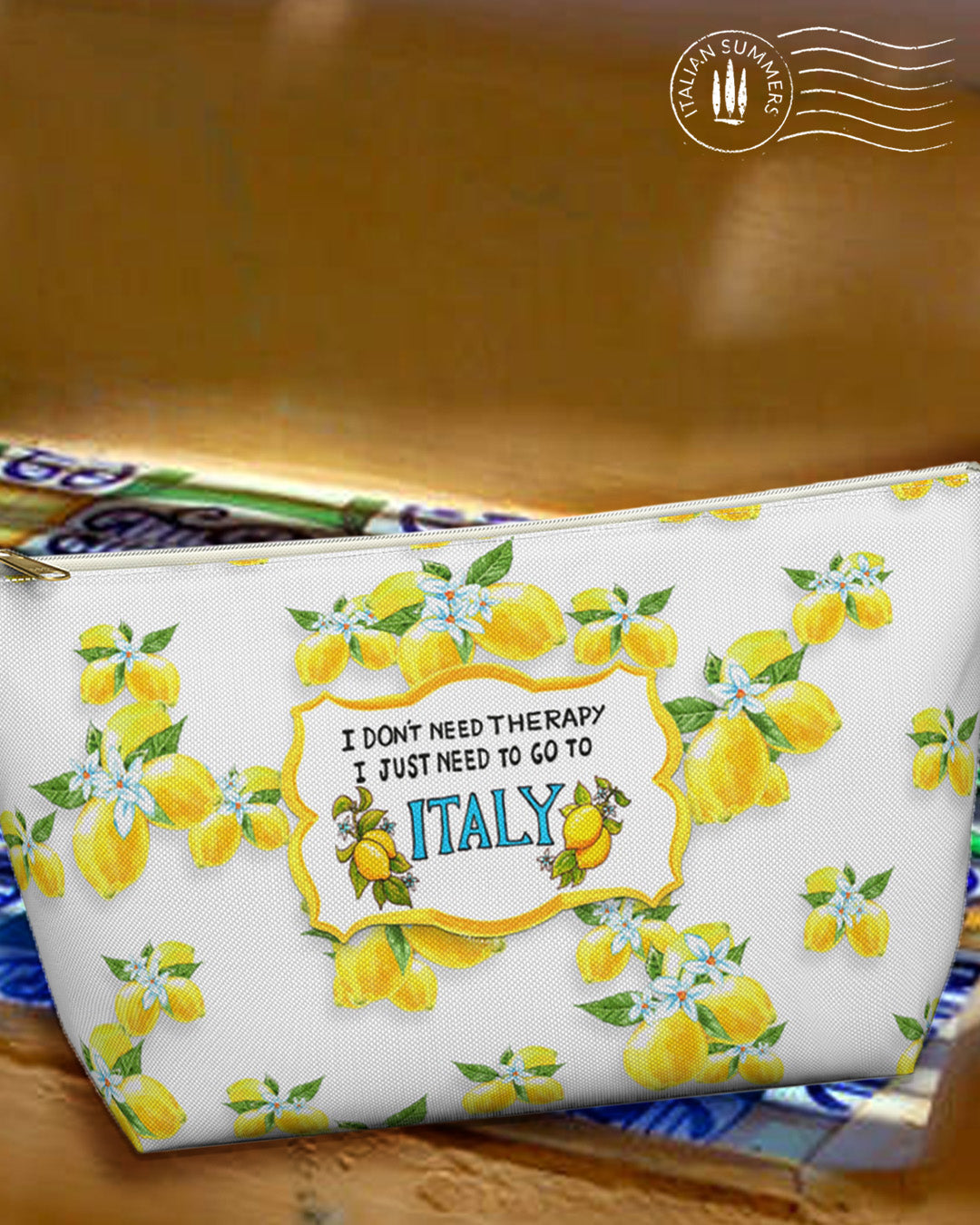 Clutch THERAPY-LEMON Pattern! This one-of-a-kind Italian-inspired clutch features a fun, sun-drenched lemon pattern that stands out, plus the delightful quote "I don't need therapy, I just need to go to Italy" by Italian Summers. 