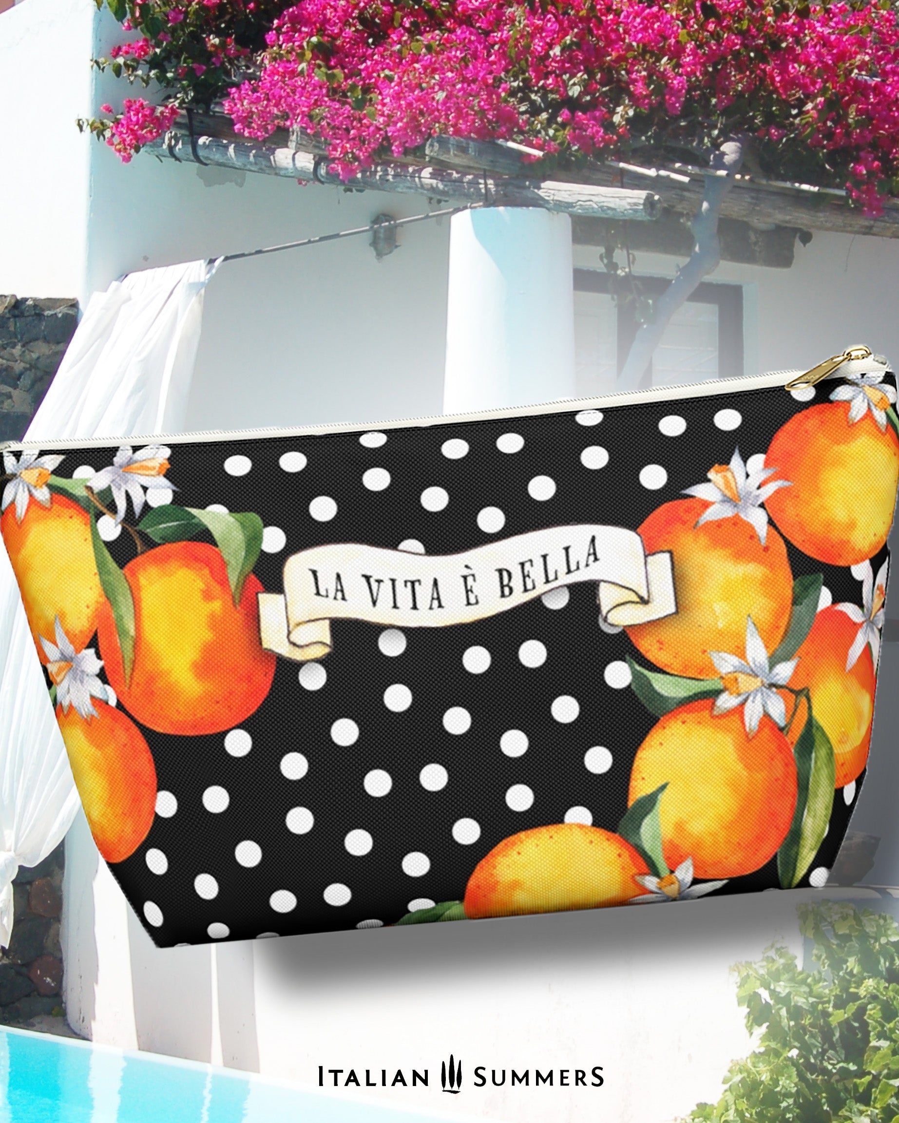 Italy inspired made to order clutch with zipper closure, printed and sewn together , decorated with Sicilian oranges and blooms on a black field with white polka dots. Made by Italian Summers 