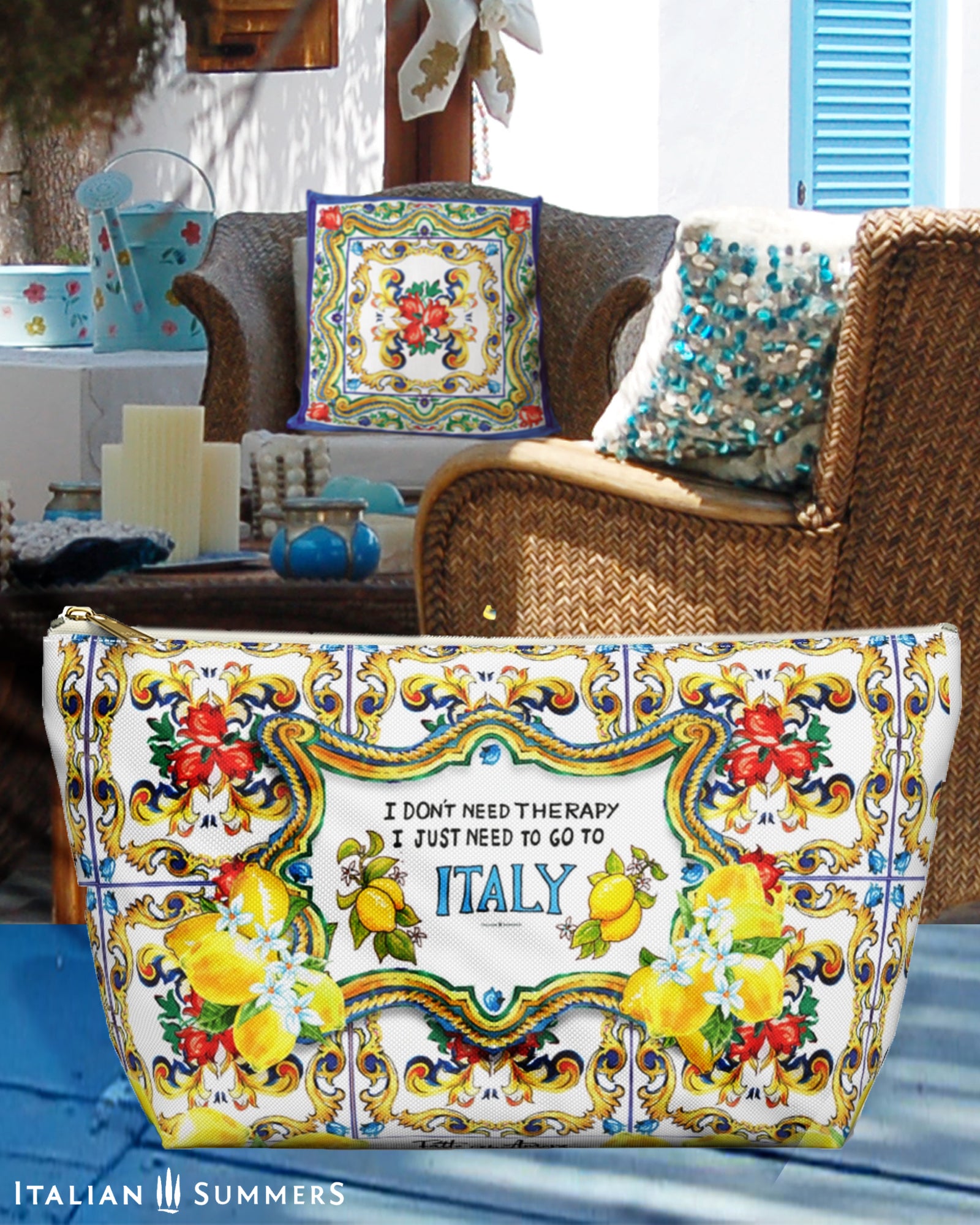 Italy, Sicily inspired clutch with the quote I don't need therapy, I just need to go to Italy. Next to the word Italy are on both sides Sorrento lemons. The quote is surrounded by Sicilian baroque convolutes and big lemons. On the background there are Sicilian tiles. The bag is printed on two sides and has a white zipper and a t-bottom. Designed by Italian Summers