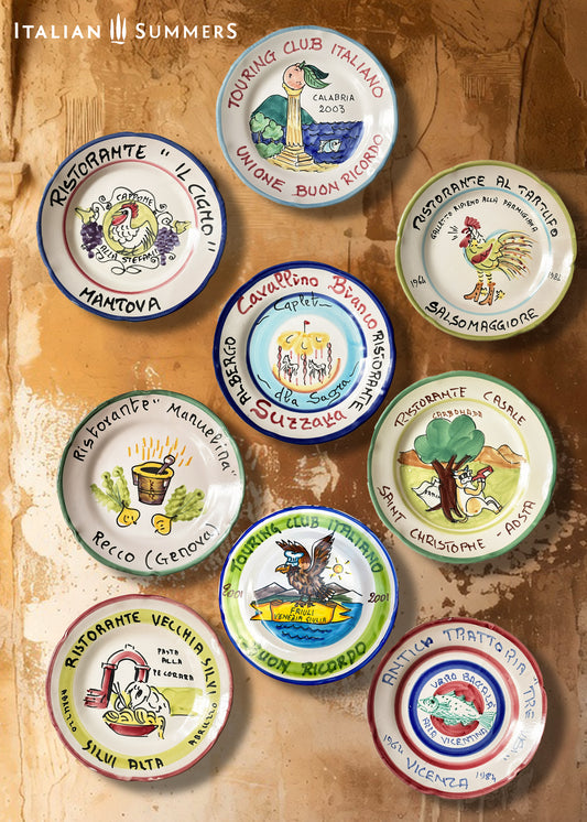 Collection of Buon Ricordo plates vintage Italian restaurant plates handpainted from Vietri sul Mare Amalfi Coast.