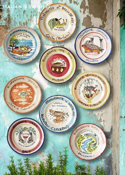 Collection of Buon Ricordo plates vintage Italian restaurant plates handpainted from Vitri sul Mare on the Amalfi Coast.