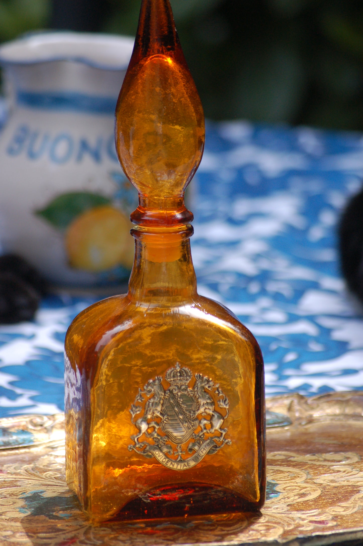 Vintage Italian Decanter, Vintage Italy, Genie Bottle, Amber Empoli glass, Amber genie bottle, Italian décor, Empoli glass, Dolce Vita, Italian vintage  barware