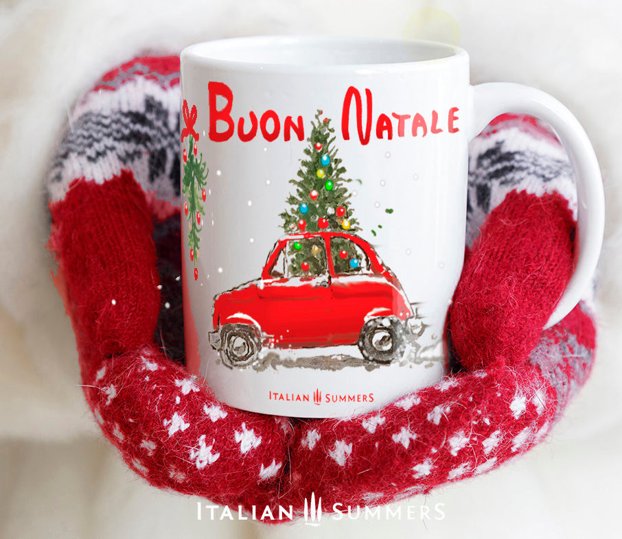 This ceramic Italy Christmas mug features a delightful red vintage Fiat 500 with a Christmas tree sticking out from the roof . On the top of the mug is the red handpainted quote "Buon Natale"  - Merry Christmas in Italian