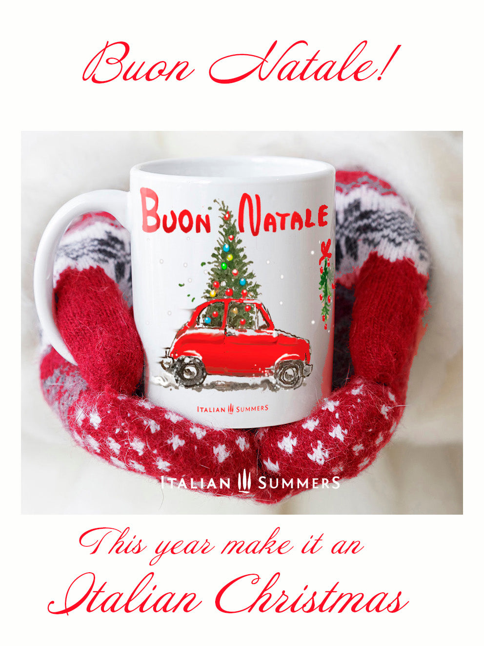 This ceramic Italy Christmas mug features a delightful red vintage Fiat 500 with a Christmas tree sticking out from the roof . On the top of the mug is the red handpainted quote "Buon Natale"  - Merry Christmas in Italian