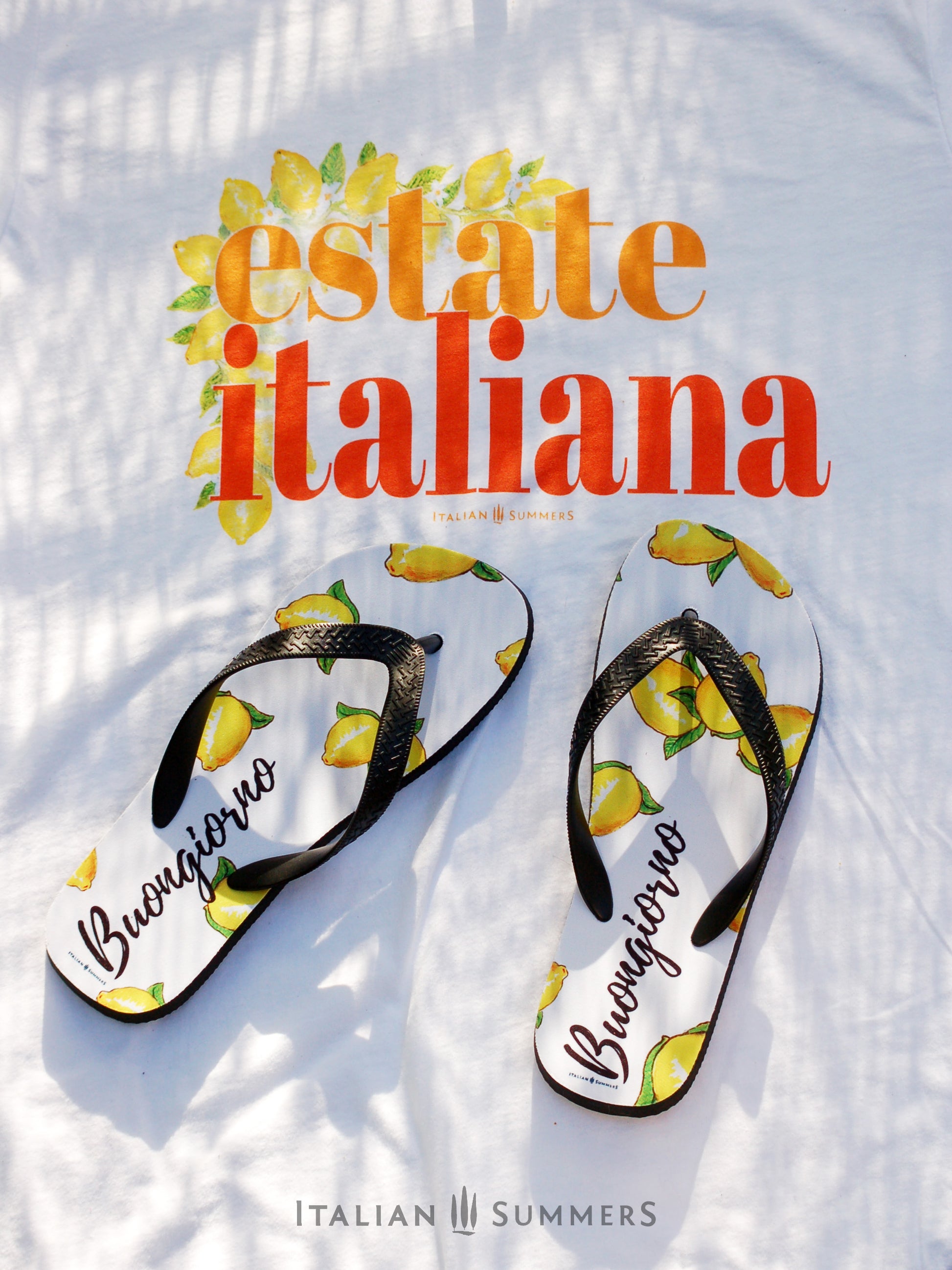 Slip into a pair of Buongiorno Limoni flip flops for a taste of Italy's sunny charm. Our stylish lemon-decorated flip flops bring the dolce vita to your next alfresco affair. Made by Italian Summers