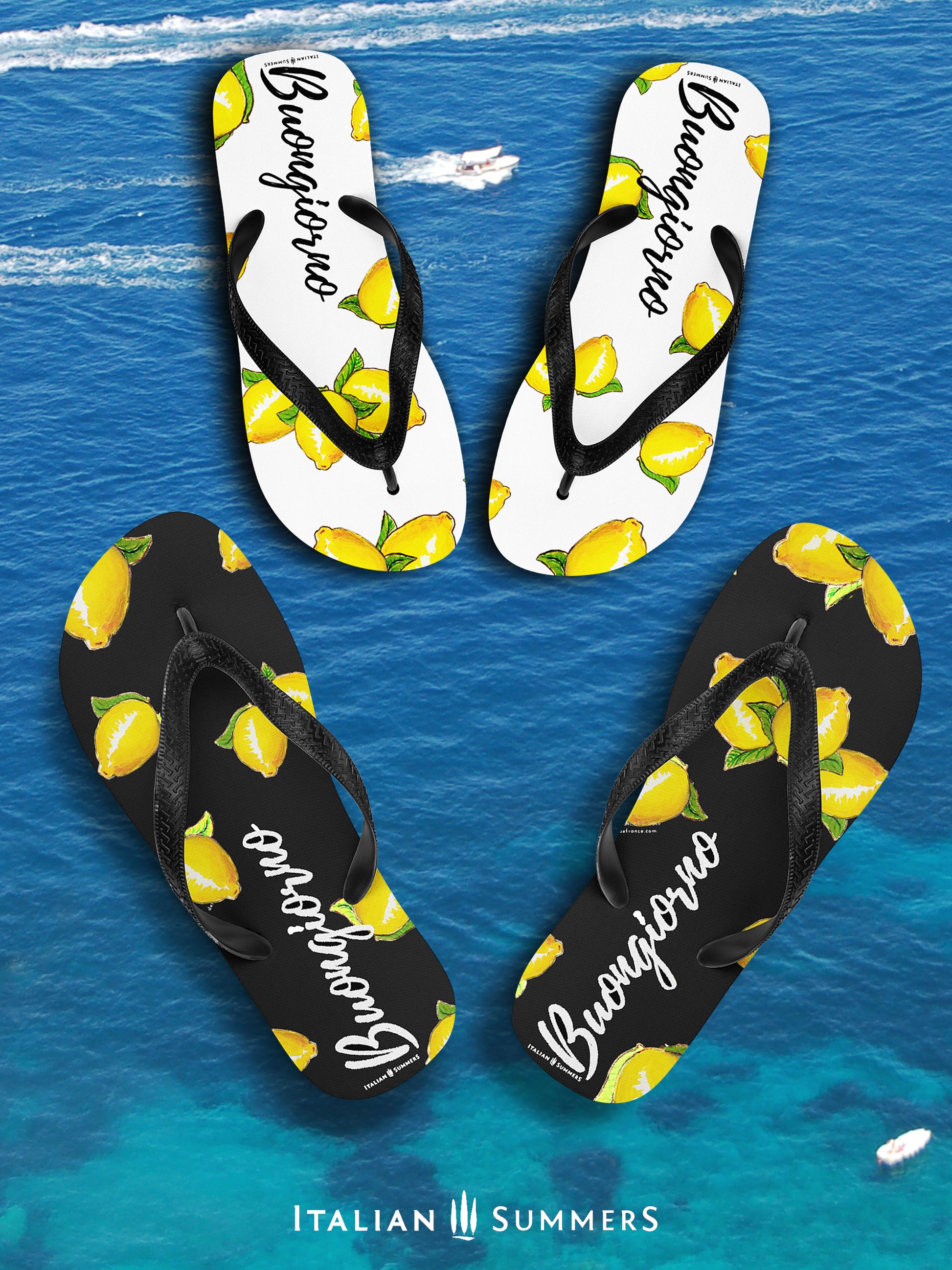 Slip into a pair of Buongiorno Limoni flip flops for a taste of Italy's sunny charm. Our stylish lemon-decorated flip flops bring the dolce vita to your next alfresco affair. Made by Italian Summers