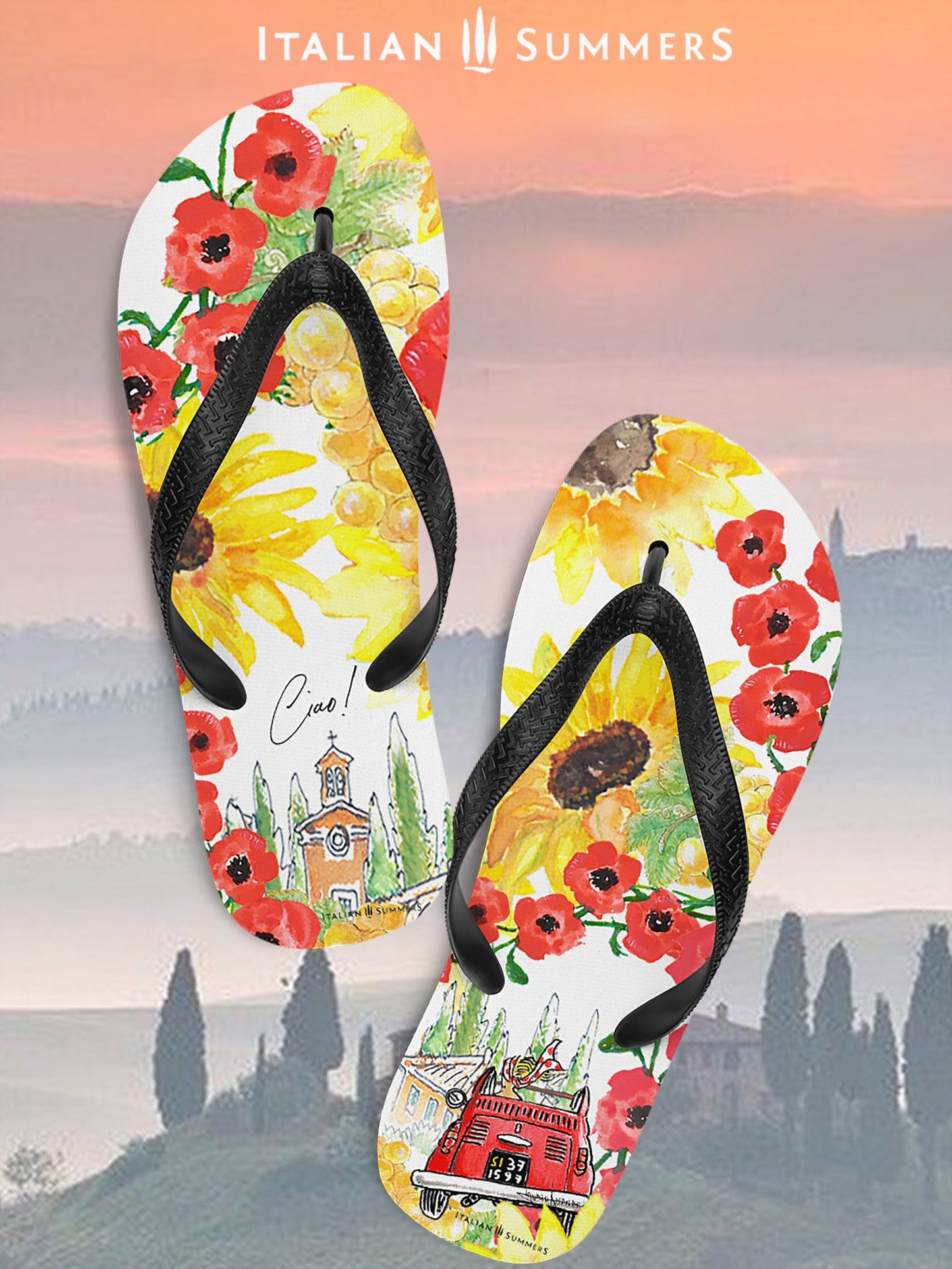 Italy Tuscany inspired flip flops with watercolor illustrations  printed  with sunflowers, poppies, Tuscan scenes , a red vintage FIAT 500 car speeding down a country lane . Made by Italian Summers