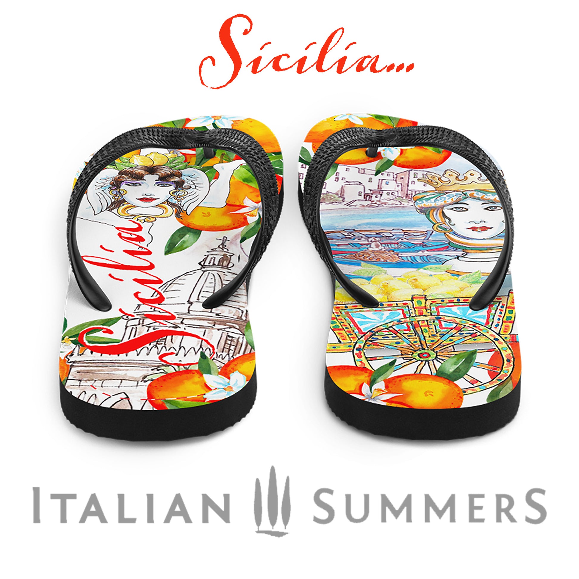 Feel the Mediterranean sunshine on your feet with these Sicily-inspired flip-flops! Featuring oranges and orange blossoms, plus the word "Sicily" and an iconic carretto siciliano, they're perfect for adding a bit of Italian-style flavor to your summer wardrobe! 