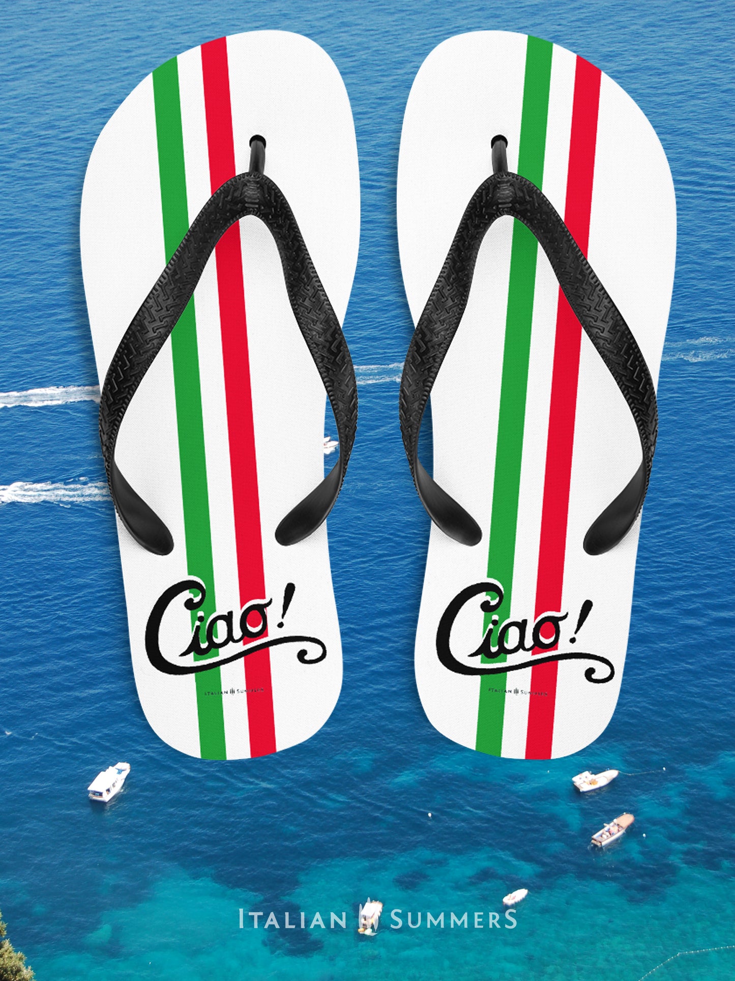Fip-flops showcasing the classic colors of the Italian flag and the iconic word 'Ciao', these flip flops are perfect for adding a touch of Italian flair to your wardrobe. Made by Italian Summers