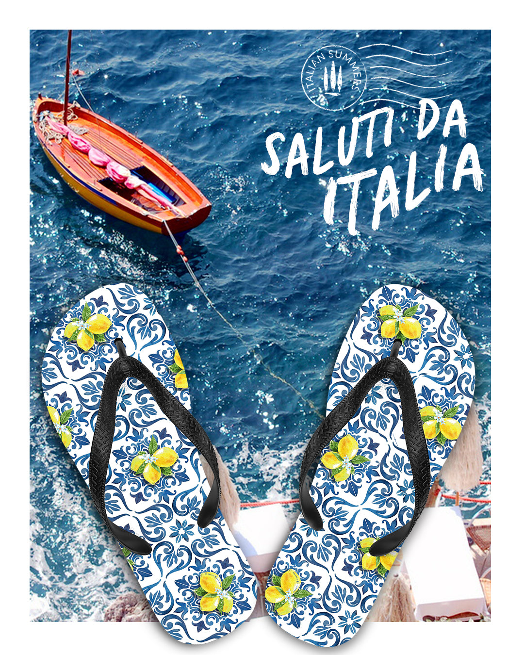 taly flip flops inspired by Italian Sicilian maiolica tiles. On the flip flop a combination of blue Italian tiles and Amalfi Coast lemons. The straps are black. Made by Italian Summers