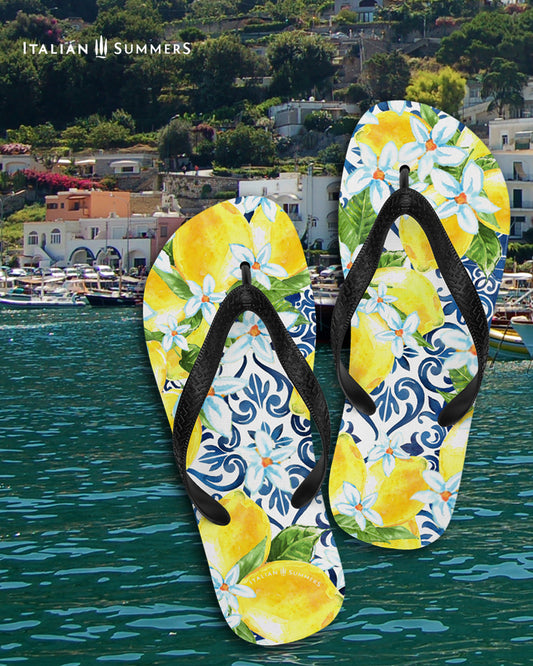 Italy flip flops with big beautiful Sorrento lemons full of white lemon blossems. From under the lemons you can see the blue vintage tiles coming true. Made by Italian Summers