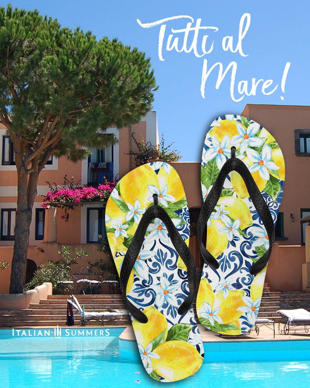 Italy flip flops with big beautiful Sorrento lemons full of white lemon blossems. From under the lemons you can see the blue vintage tiles coming true. Made by Italian Summers