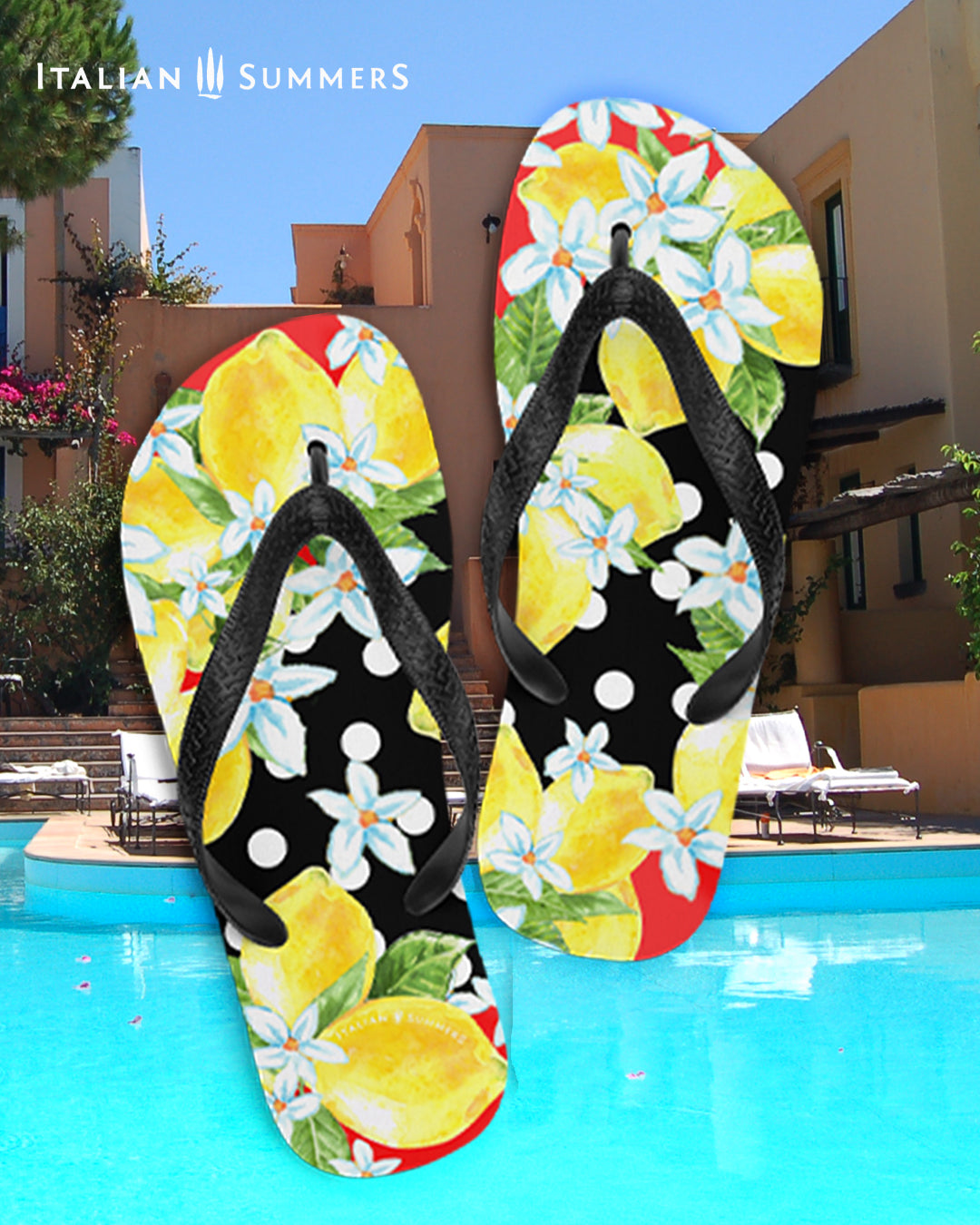 Italy inspired Flip Flops with bunches of Sorrento Lemons and lemon flowers over a field ow white polka dots and a black backround. Made by Italian Summers