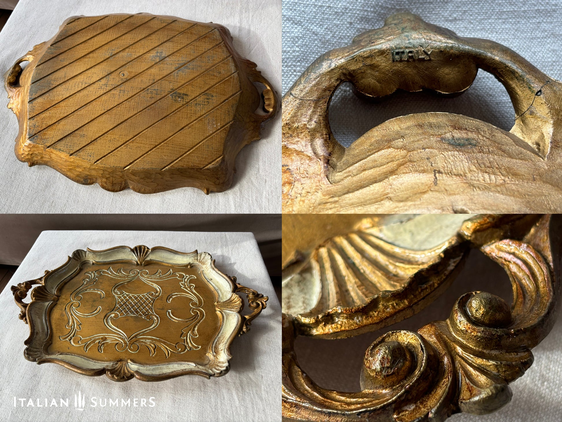 Collage of gold-colored decorative   tray wiews and details with 'Italian Summers' branding