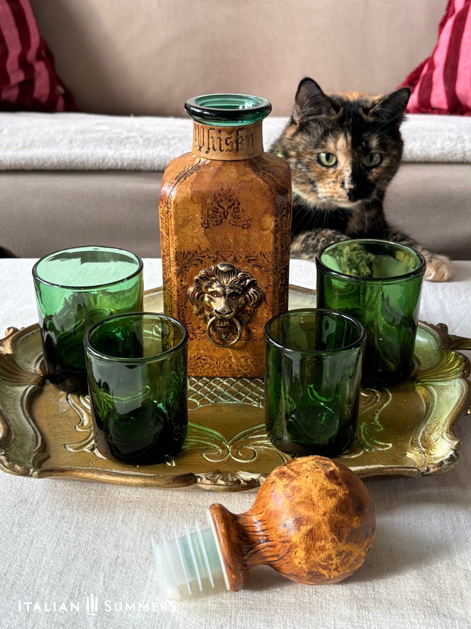 leather-covered whiskey  bottle with green glass tumblers on a tray, cat in the background