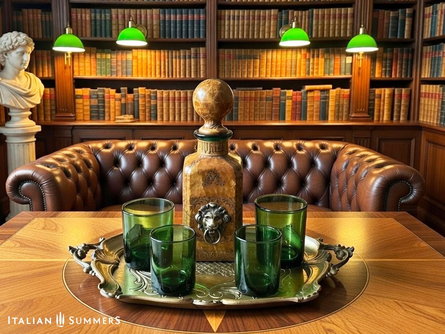 Decorative setting with a decanter, green glasses, and a tray on a wooden table in a library.