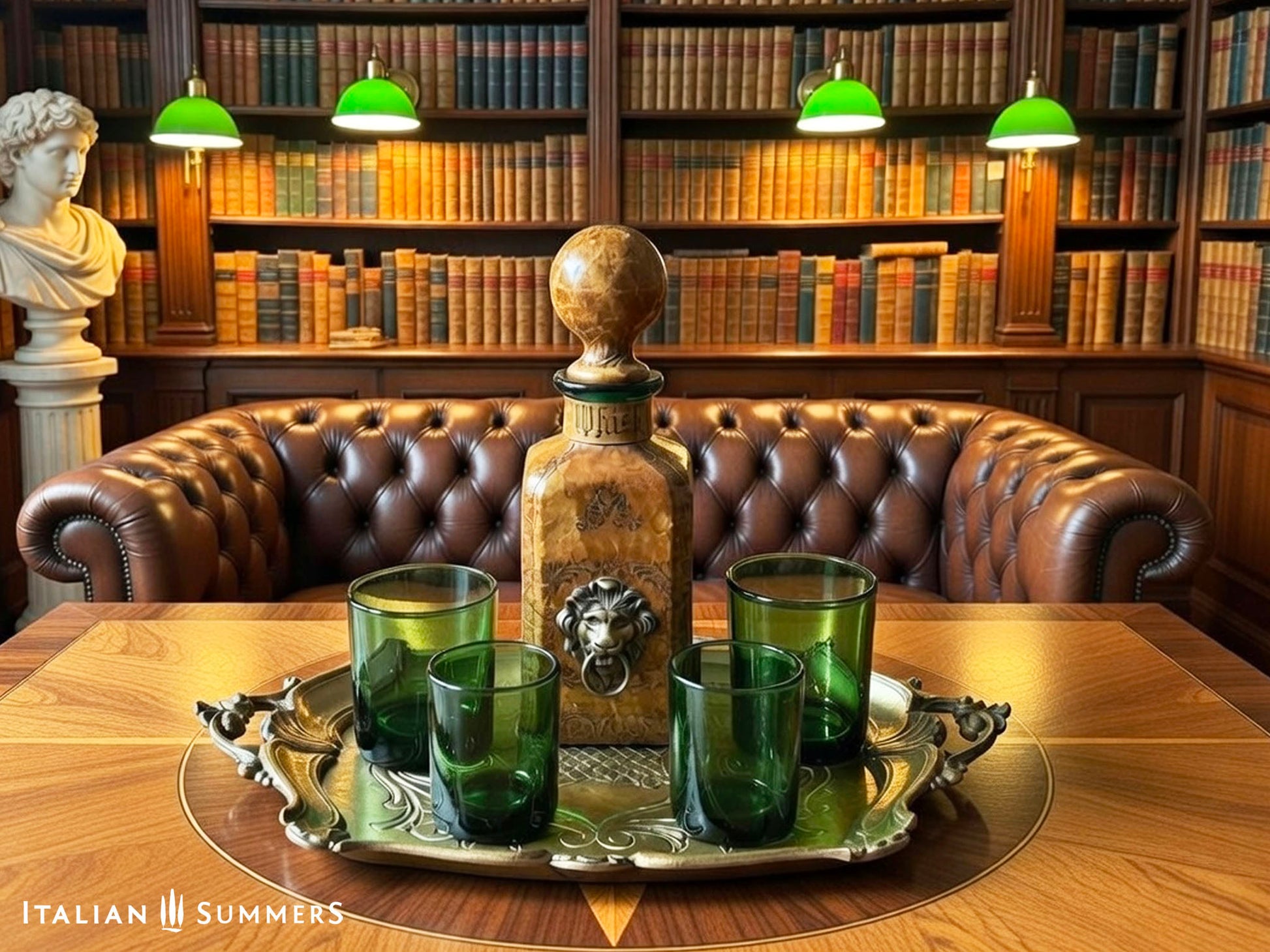 Decorative setting with a decanter, green glasses, and a tray on a wooden table in a library.