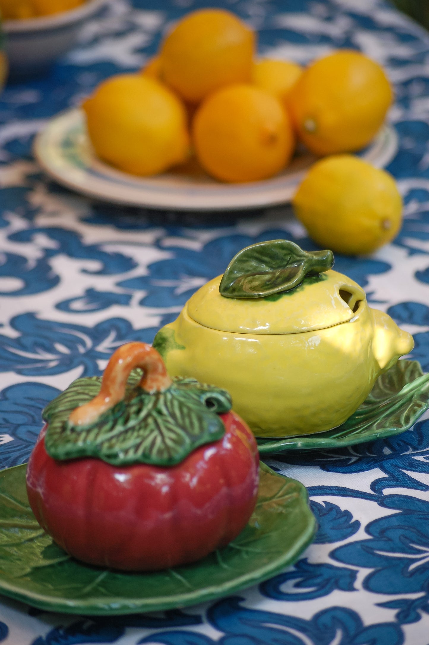 French ceramic serving bowls in the shape of lemons  and bell pepper for marmelade or grated cheese