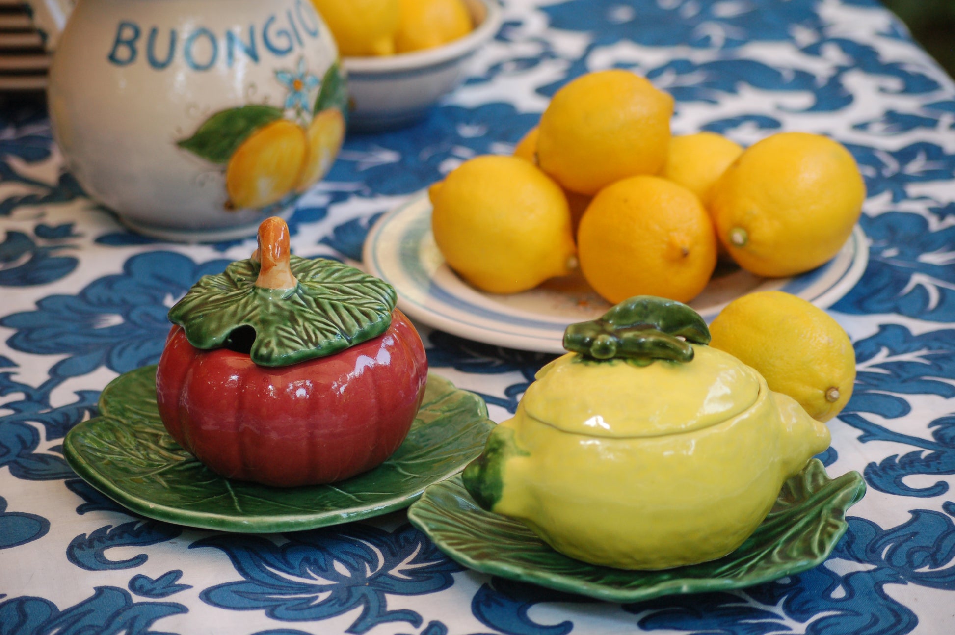 French ceramic serving bowls in the shape of lemons  and bell pepper for marmelade or grated cheese