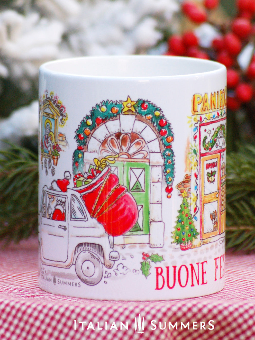 Mug Featuring Babbo Natale lovingly delivering presents through the streets of Italy, this mug is sure to get you in the holiday spirit.. Made by Italian Summers Copyrighted material