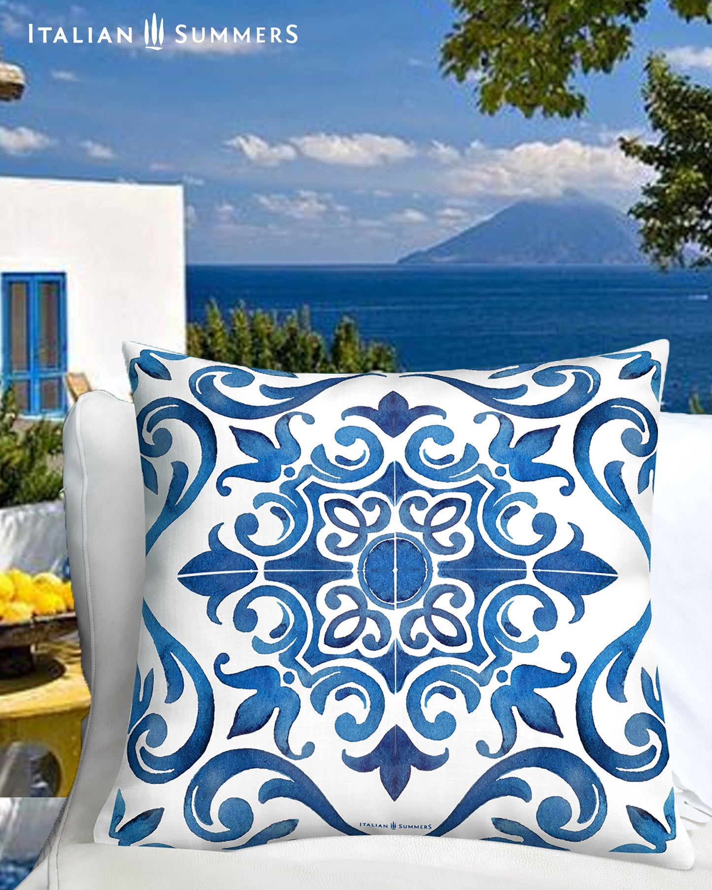 This Italy-inspired pillow features a beautiful blue and white maiolica tile that looks like it was plucked straight from the Amalfi Coast.