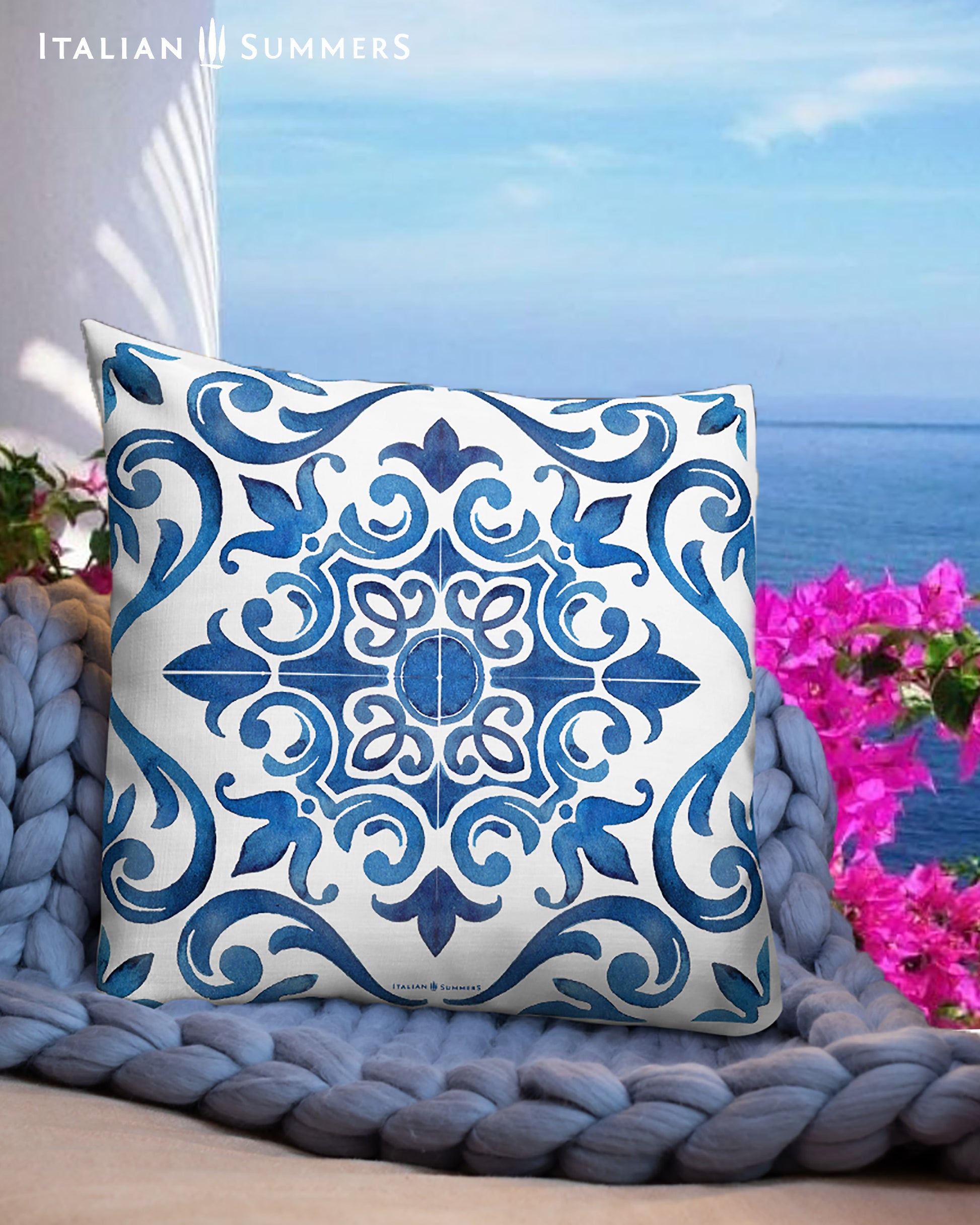 This Italy-inspired pillow features a beautiful blue and white maiolica tile that looks like it was plucked straight from the Amalfi Coast.