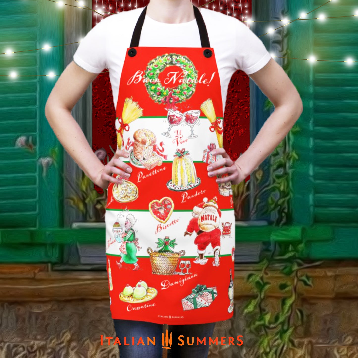 happy Italy-inspired apron printed with many classics from the holiday like: Vino, Cannoli, Panettone etc
