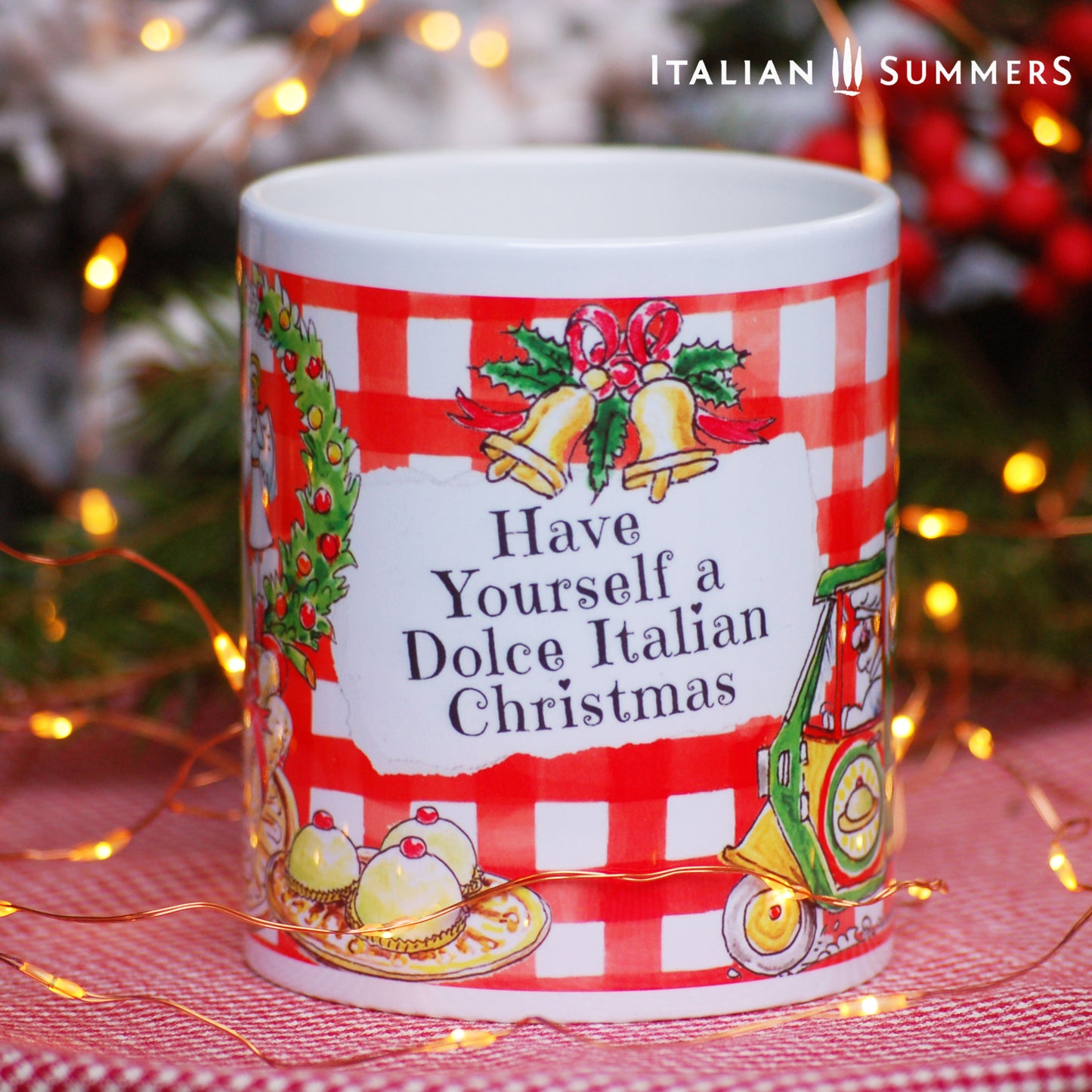 Italy Chirstmas mug Pane e Dolci with a sketch of the local Italian baker, driving his funny car with the text PANE & DOLCE, and on the top he has the biggest panettone. Ther are italian dolce on the mug and the text "have yourself a Dolce Italian Christmas" made by Italian Summers