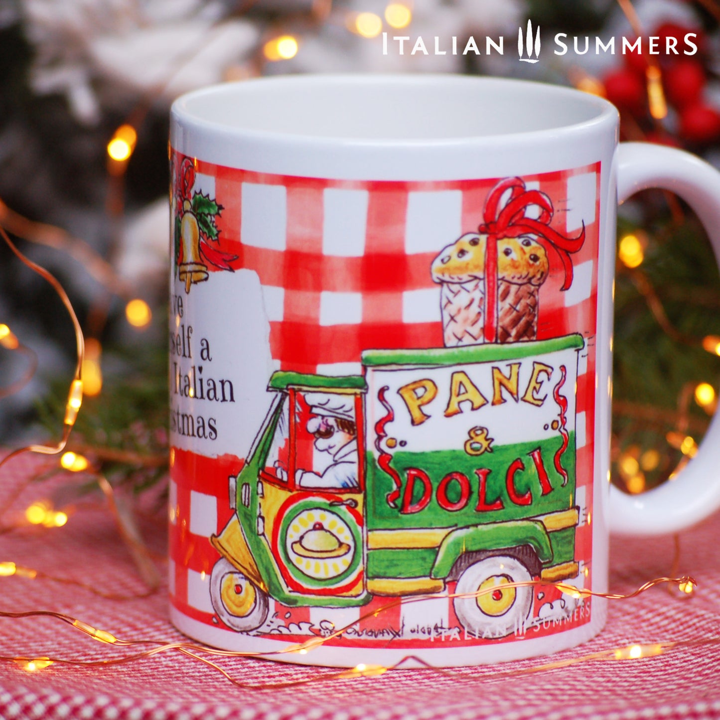 Italy Chirstmas mug Pane e Dolci with a sketch of the local Italian baker, driving his funny car with the text PANE & DOLCE, and on the top he has the biggest panettone. Ther are italian dolce on the mug and the text "have yourself a Dolce Italian Christmas" made by Italian  Summers