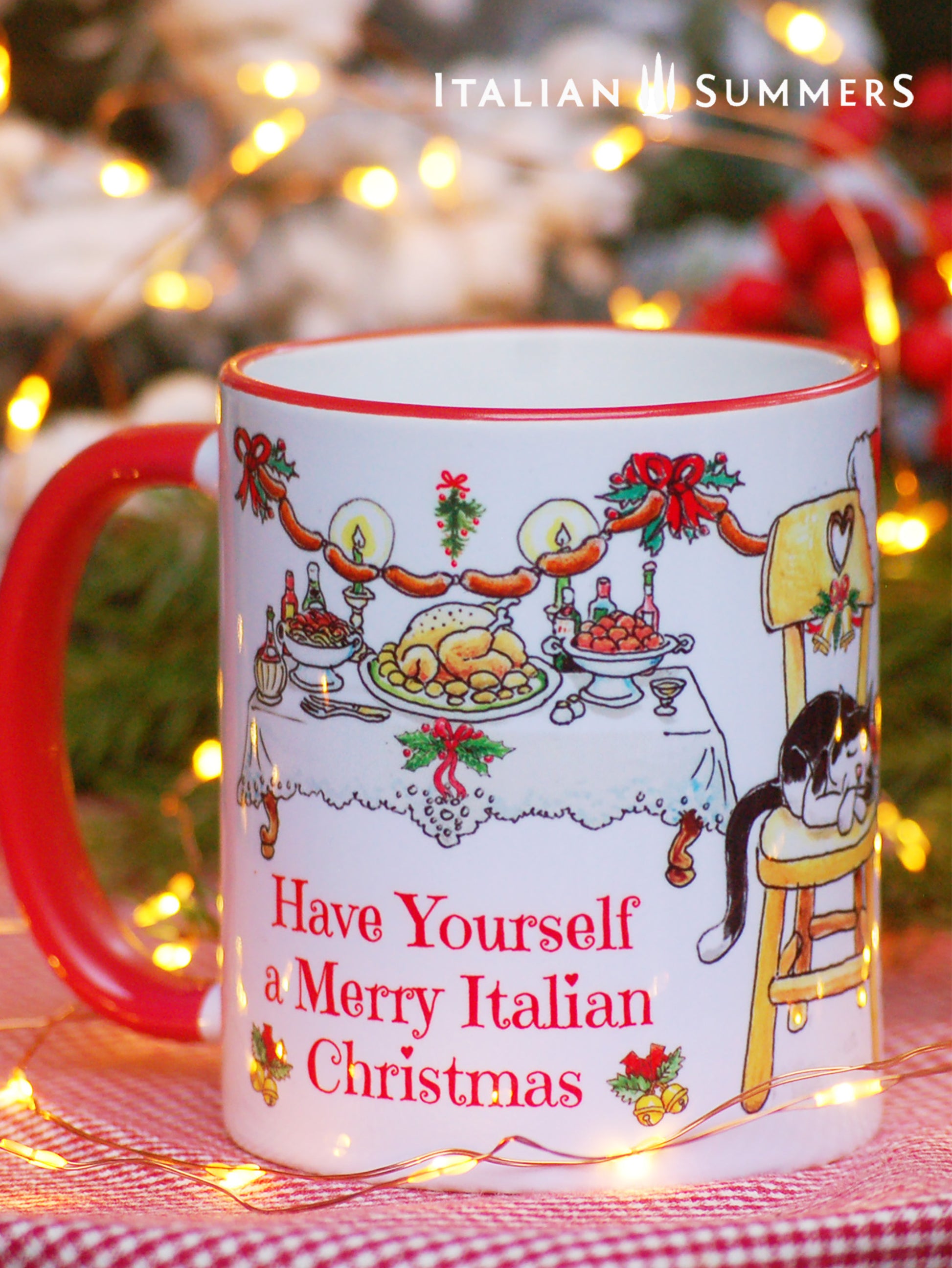 This Italian Christmas mug is a sight to see! Deck the halls with mugs and joy... this one comes complete with sketches of a sleeping cat plus three mice, merrily walking away with goodies from the table. It's sure to bring a smile to your face this holiday season!