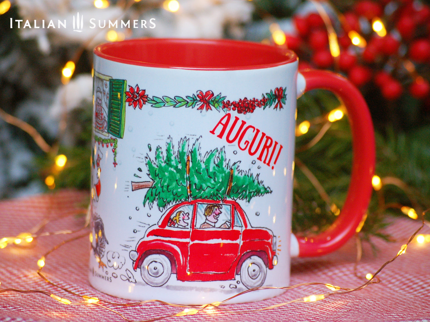 This Italy-inspired ceramic Christmas mug features the print of a merry trio of Italian cats singing carols on a vintage Vespa as they speed through an Italian street. A cute vintage red Fiat500 car zooms in the opposite direction with a Christmas tree on the roof!