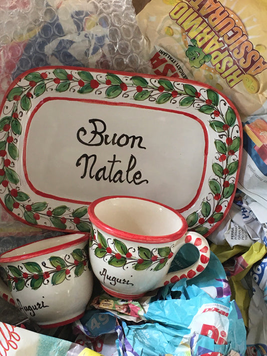 Italian Christmas Espresso cups and tray set, Italian Maiolica, handcrafted in Sicily, Italian gift, Buon natale, Italy Christmas gift by Italian Summers