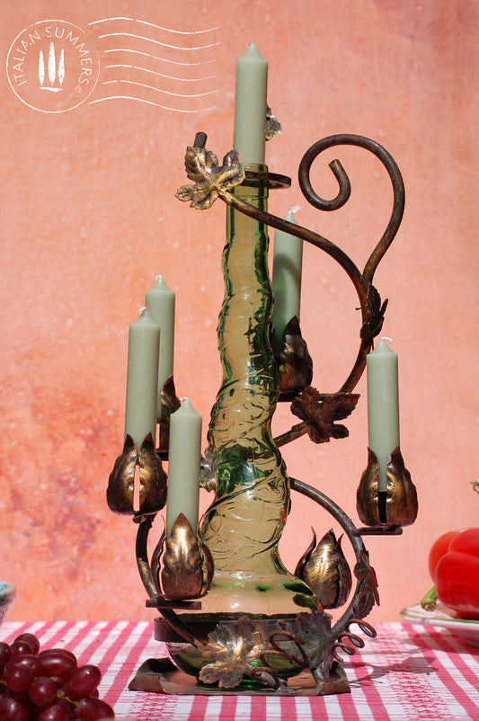Vintage Italian Chandelier, candelabra, Vintage Italy, Genie Bottle, wrought iron antique, Italian décor, Empoli glass, Dolce Vita, Italian vintage  barware