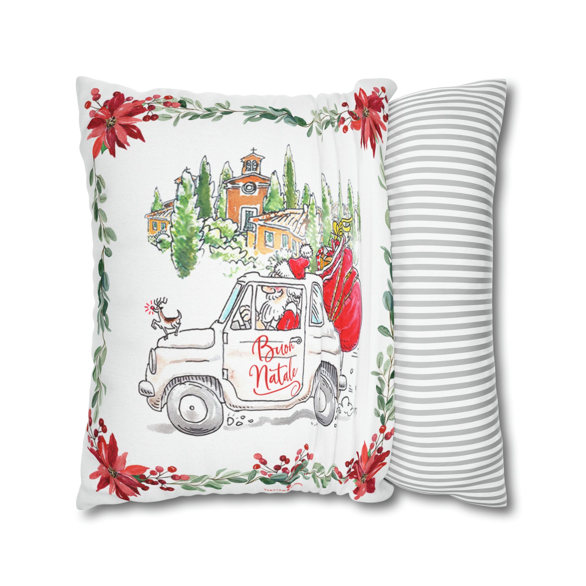 Italian Christmas pillow cover featuring Babbo Natale and Tuscan countryside