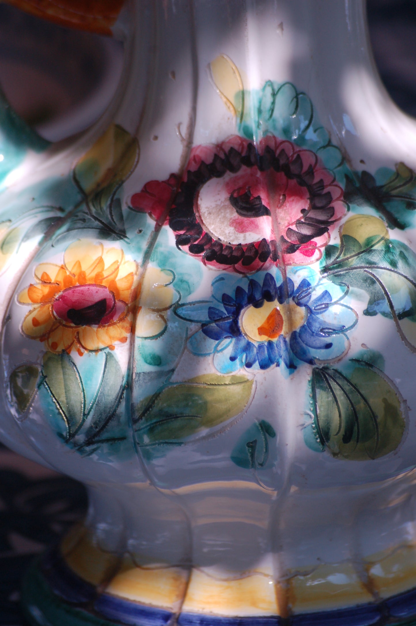 Italian vintage carafe decorated with flowers and goose head from the sixties flower detail