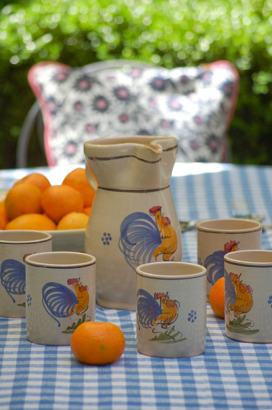 Italian vintage ceramic carafe and mugs with rooster design