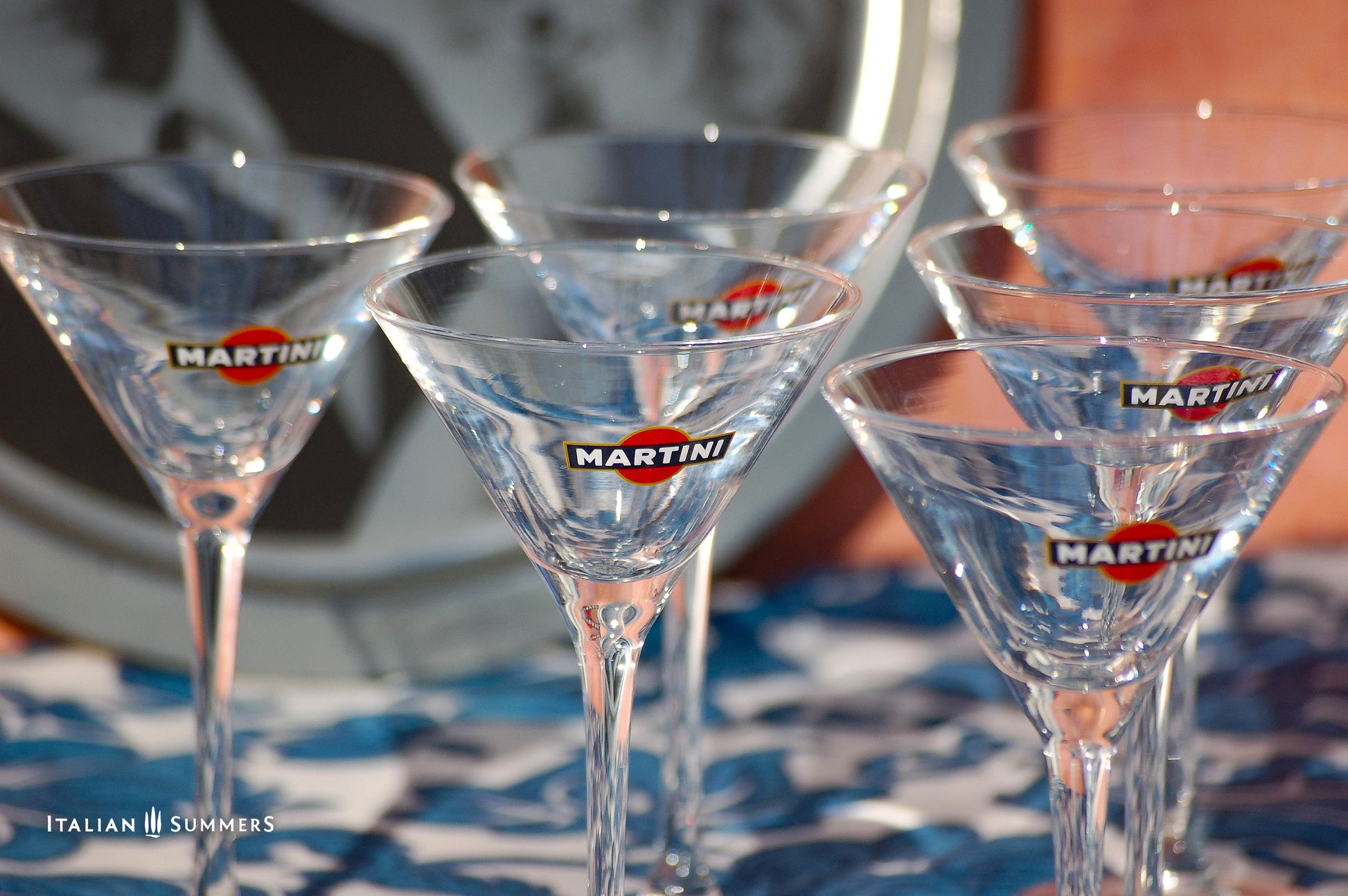 Set of Martini glasses on a patterned tablecloth