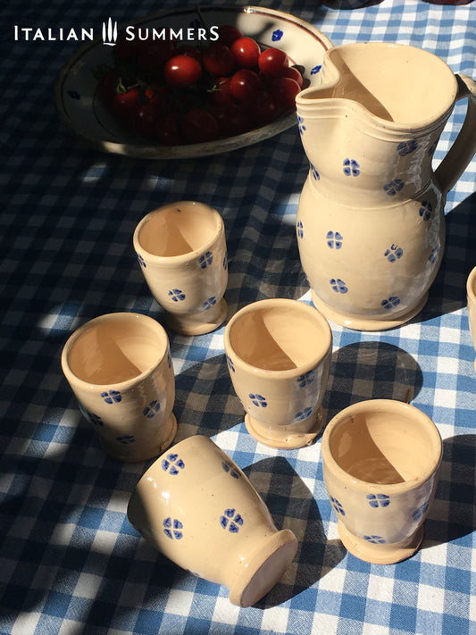 Vintage Apulia ceramic, Vintage Puglia Carafe, Puglia ceramic wine set on a blue and white tablecloth in a garden setting. Grottaglie vintage carafe, Italian Maiolica Carafe, Vintage italy
